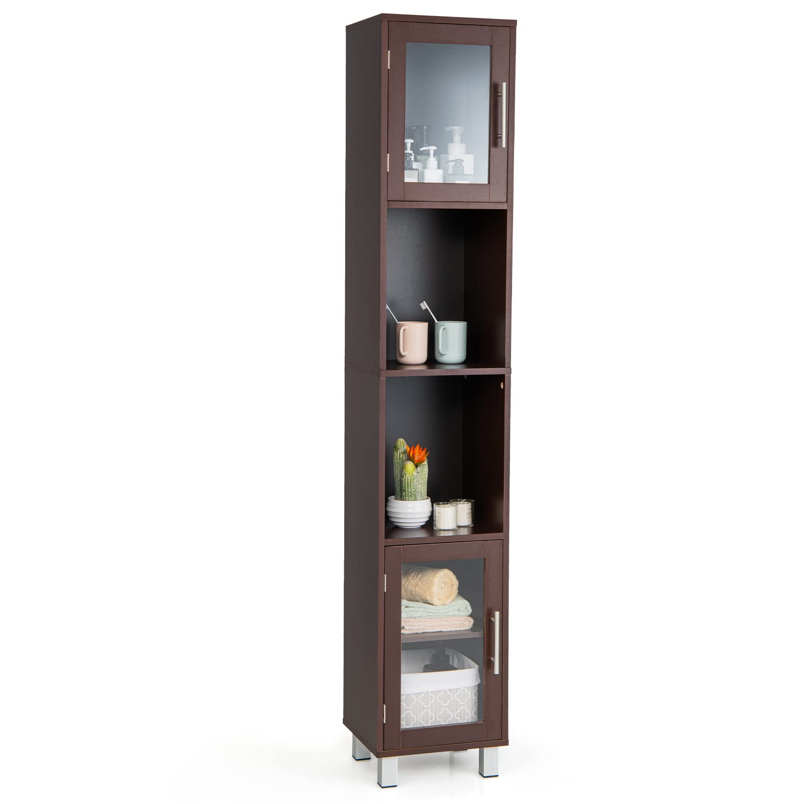Tangkula Tall Bathroom Cabinet, Home Bedroom Living Room Wood Linen Storage Cabinet Free Standing